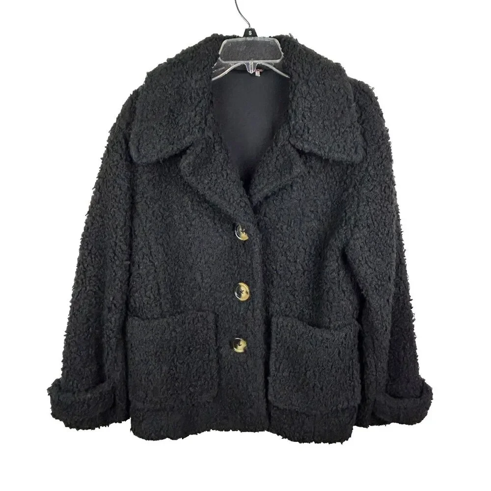 Free People So Soft Cozy Peacoat Sherpa Teddy Jacket Faux Shearling Black Coat S